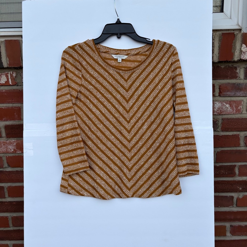 Liverpool Los Angeles Mustard Chevron Stripe‎ Ribbed Knit Top Women Small